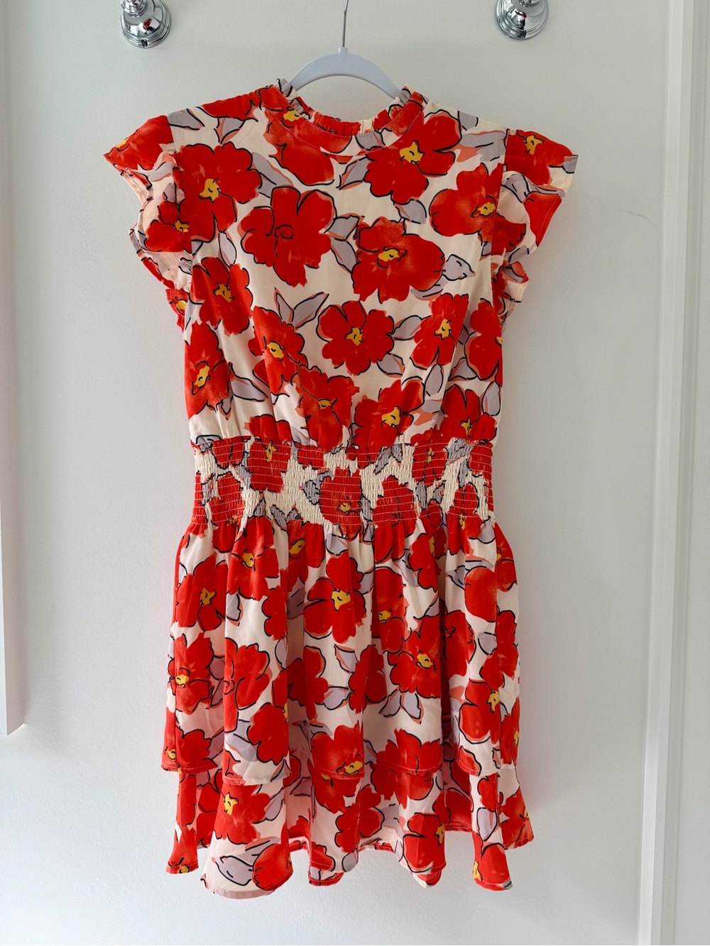 THML Red Orange Floral Smocked Waist Ruffle Mini Dress Size M
